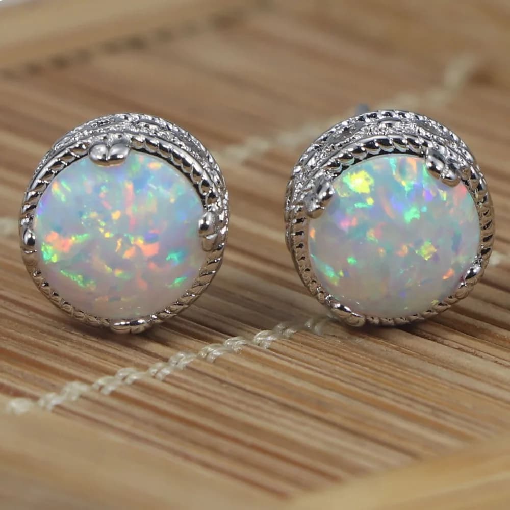JLE1424 New Hot Simple White Opal Round Ear Stud Ms. Jewelry Gift