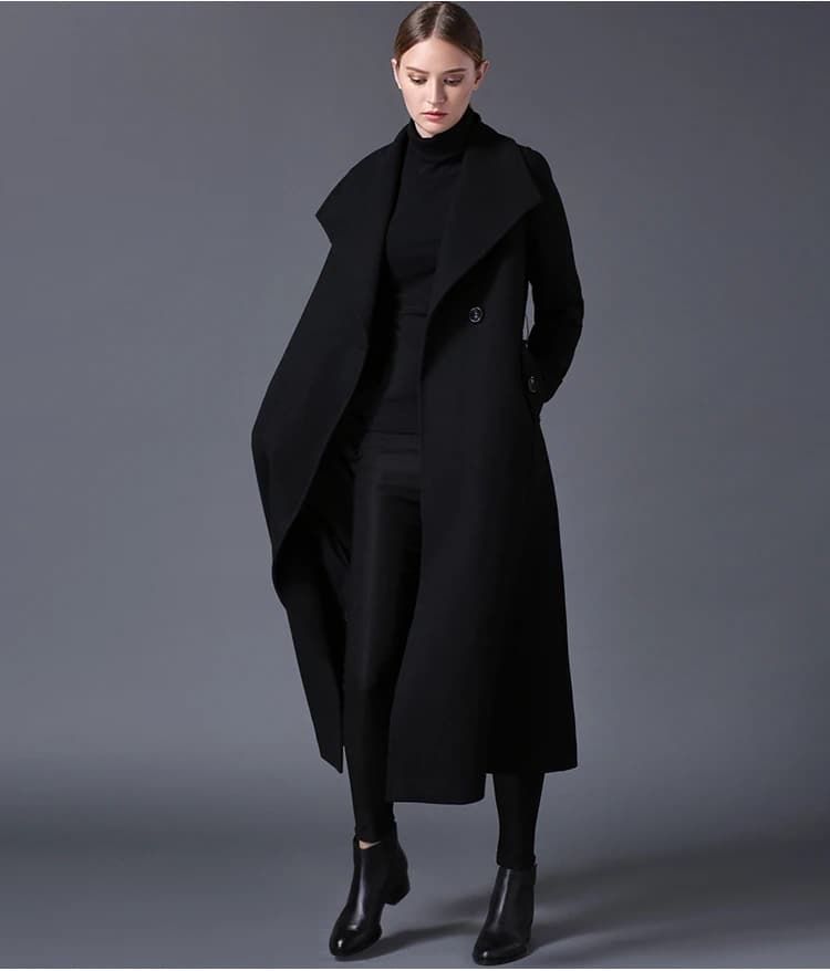 2019 winter women's wool coat lapel black dark blue long section listing