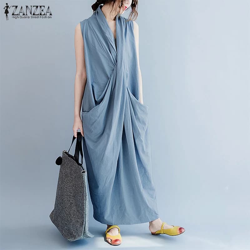 ZANZEA Oversize Asymmetrical Maxi Dress Summer 2025 Women's Sundress Female V Neck Vestidos Female Baggy Party Dress Robe Femme