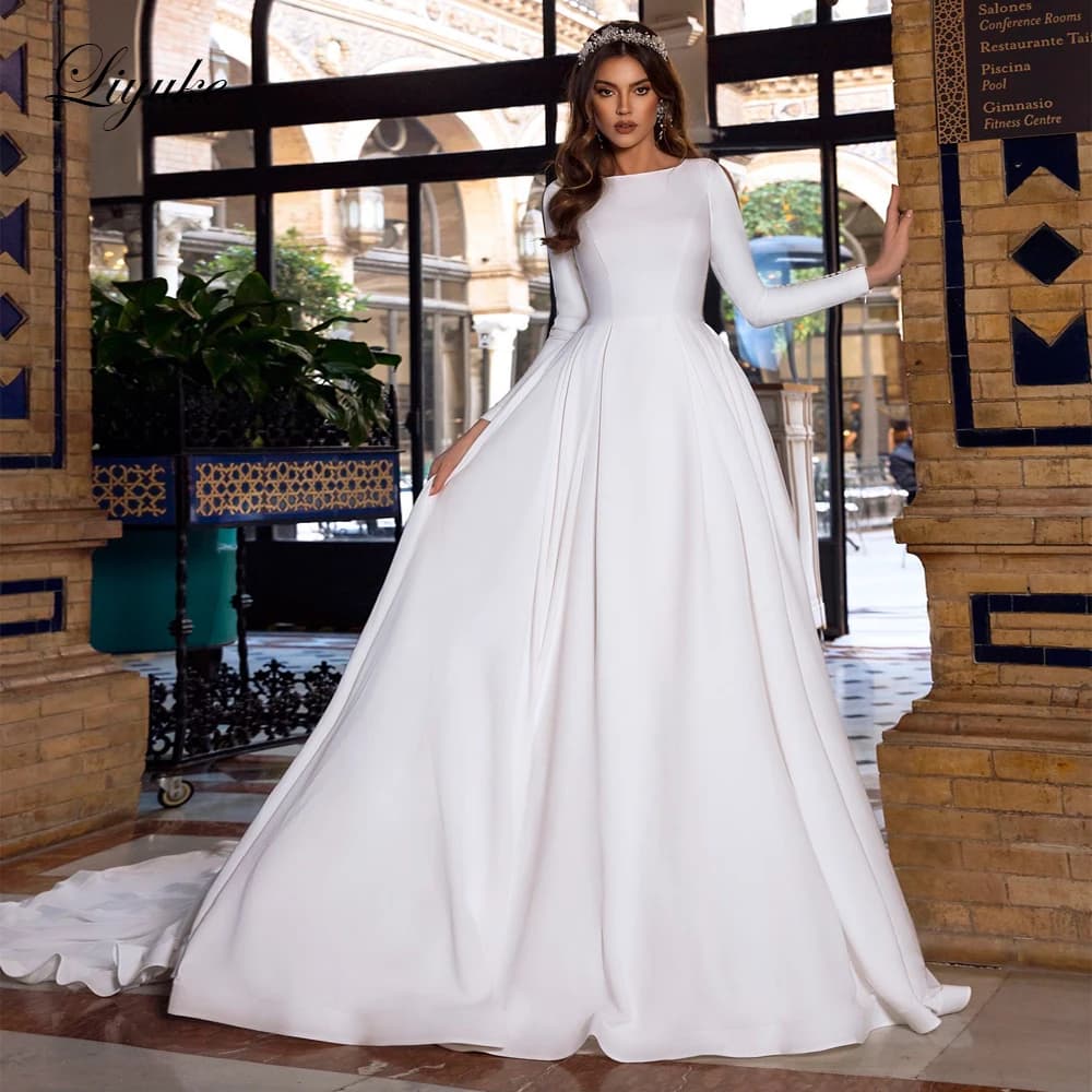 Liyuke Scoop Neckline Of Elegant Satin A Line Wedding Dress With Slip Side Of Full Sleeve  Count Train Wedding Gown