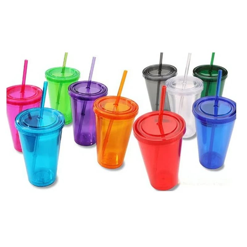 Double Wall Plastic Tumblers With Lids Straws 16oz Drinking Cups Mugs Double Wall Insulated Tumblers with Straw Lid