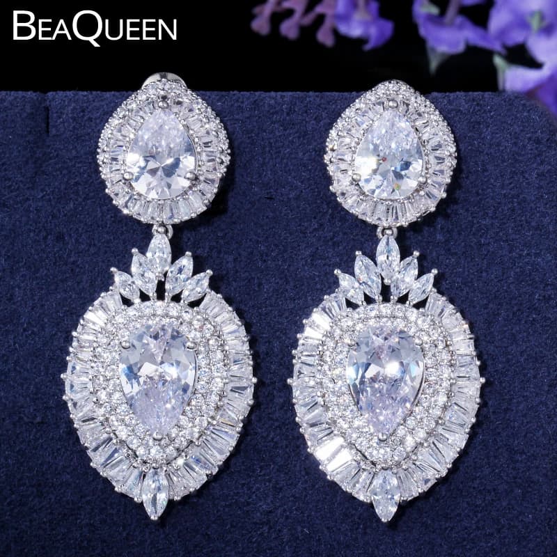 BeaQueen Gorgeous Big Water Drop Cubic Zircon Micro Pave Baguette Crystal Long Dangle Earrings Bridal Wedding Party Jewelry E281