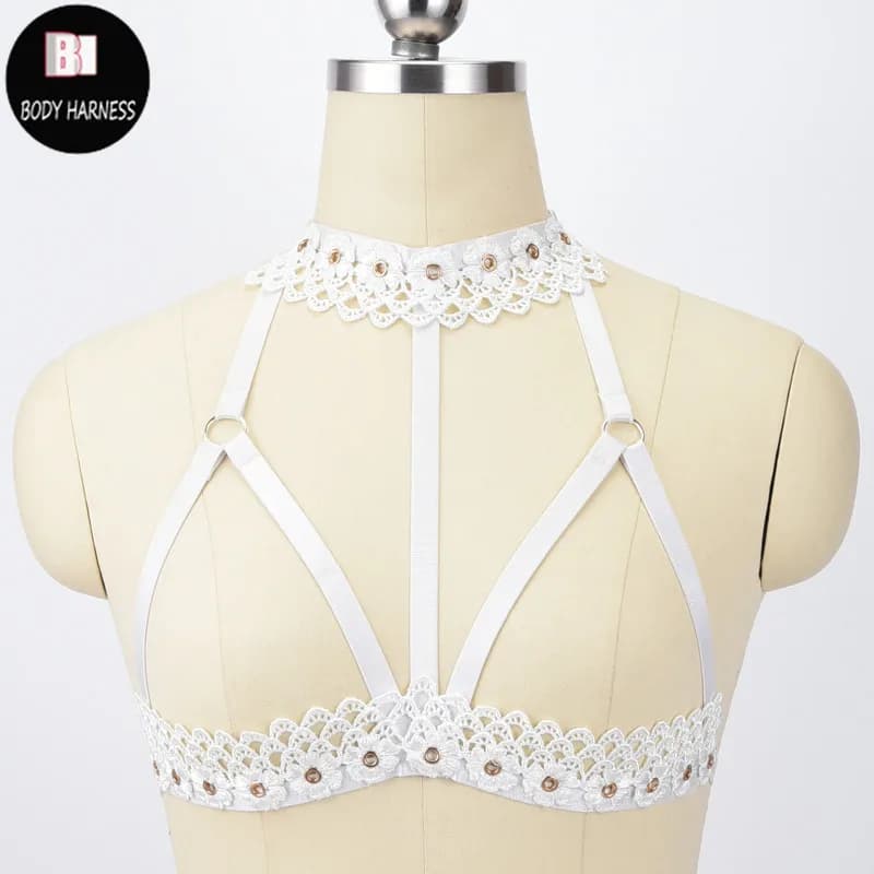 BODY HARNESS White Flower Lace Body Bondage Lingerie Crop Top Harness Bra Women Gothic Necklace Fetish Cage Bra Bondage Harness