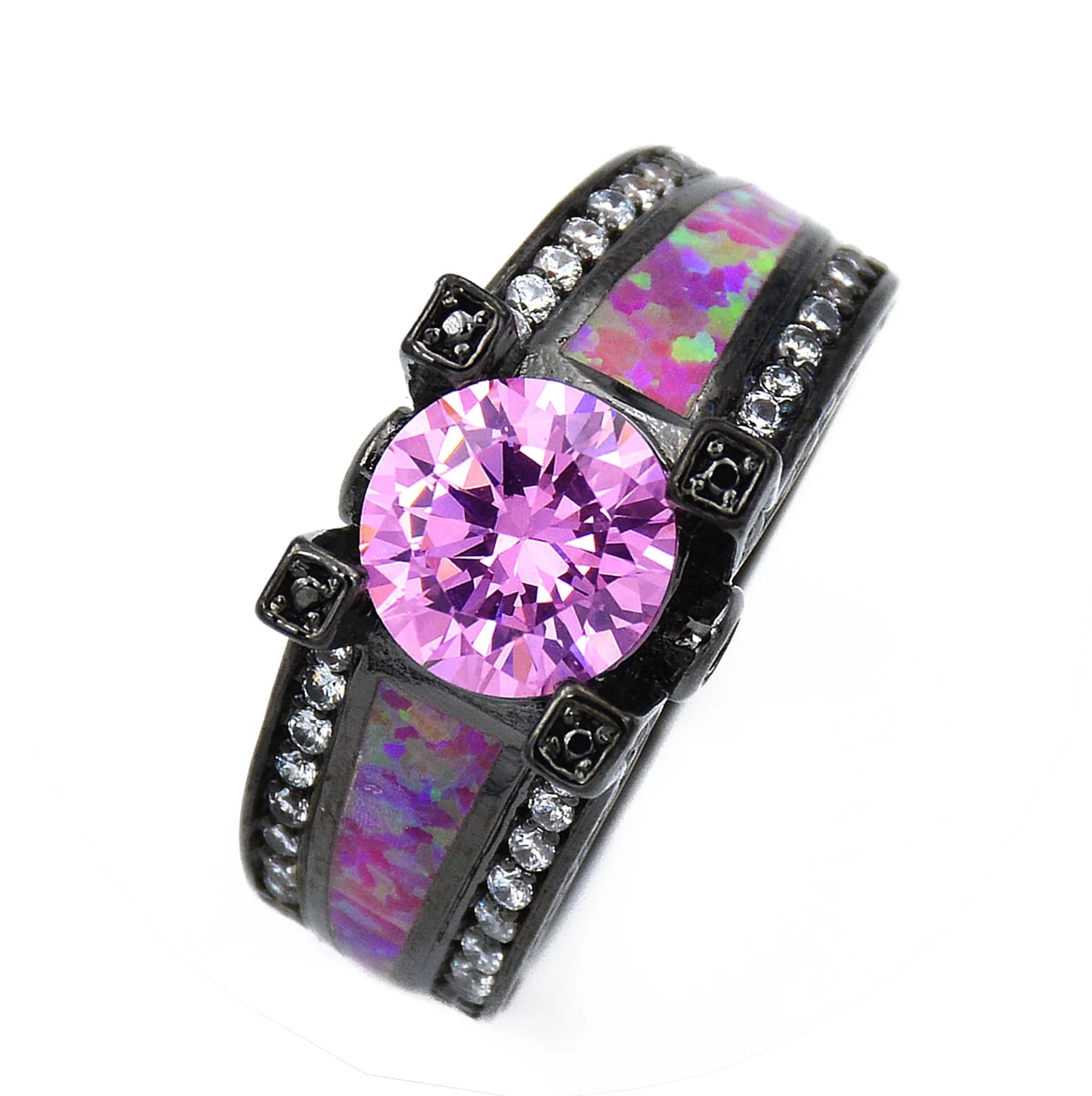 JieLing Women's Black Gold Ring with Pink Opal And Crystal Accents Elegant Cocktail Party Jewelry Gift
