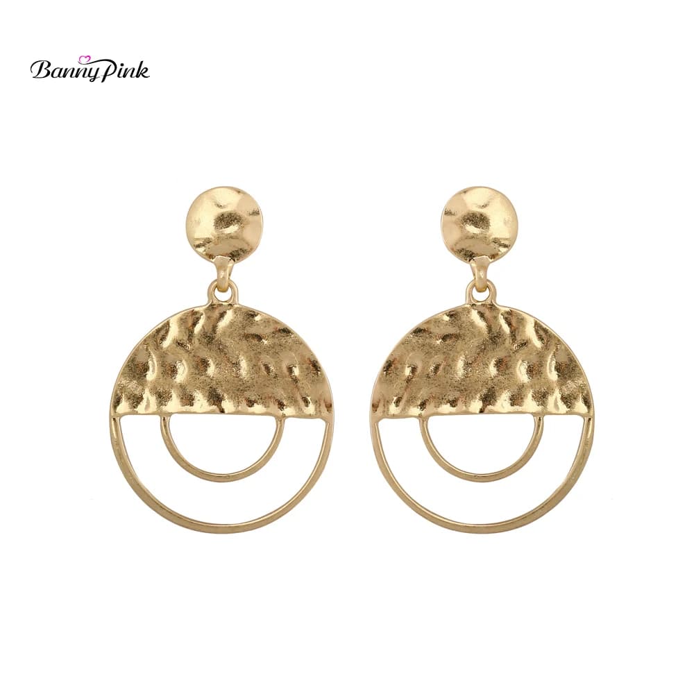 Banny Pink Worn Gold Color Round Pendant Studs Earrings For Women Over Sized Hammered Geo Post Earrings Fashion Party Jewelry