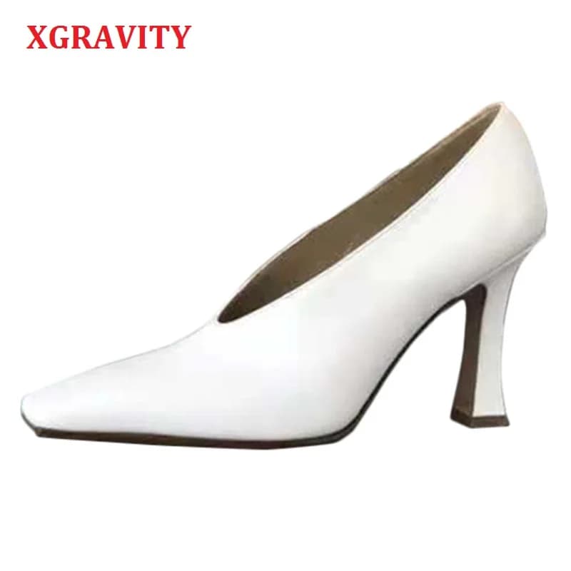 XGRAVITY Ladies Genuine Leather Retro High Heel Pumps Sexy Cow Leather Women Square Toe Heels Lady Fashion Shoes Hot Sales A112