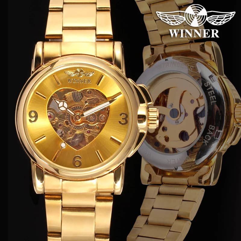 2019 Fashon Winner Top Brand New Ladies Automatic Skeleton Luxury Gold Full Stainless Steel Band Brand Watch Lover Gift For Girl