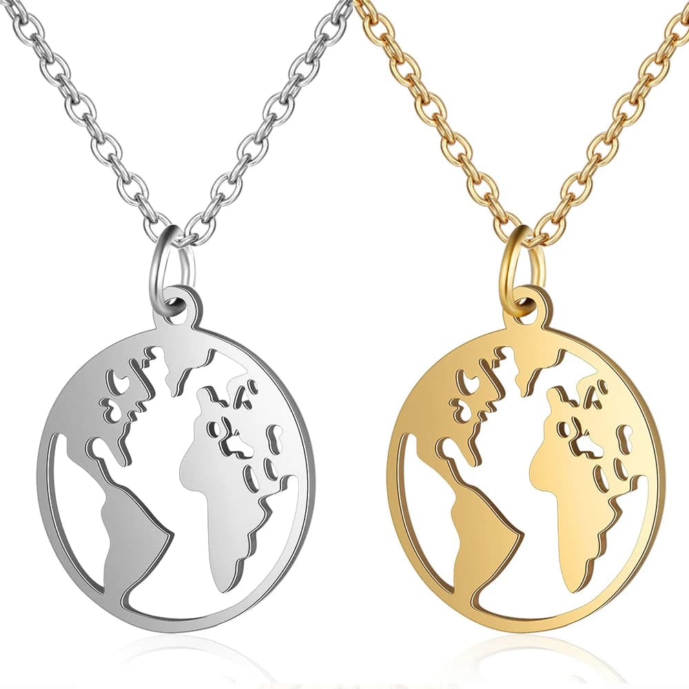 High Polish Stainless Steel Globe World Map Pendant Necklace For Women Earth Day Best Friend Wanderlust Outdoor Necklace