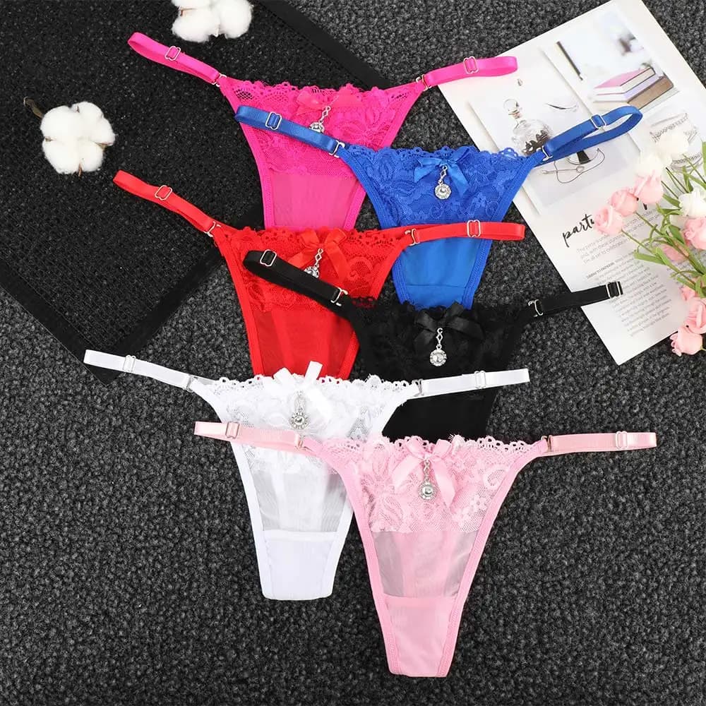 Women Lace Panties Thongs Pearl Pendant Lace Embroidery G-String T-Back Briefs Underwear Adjustable Ladies Panties Sexy Lingerie