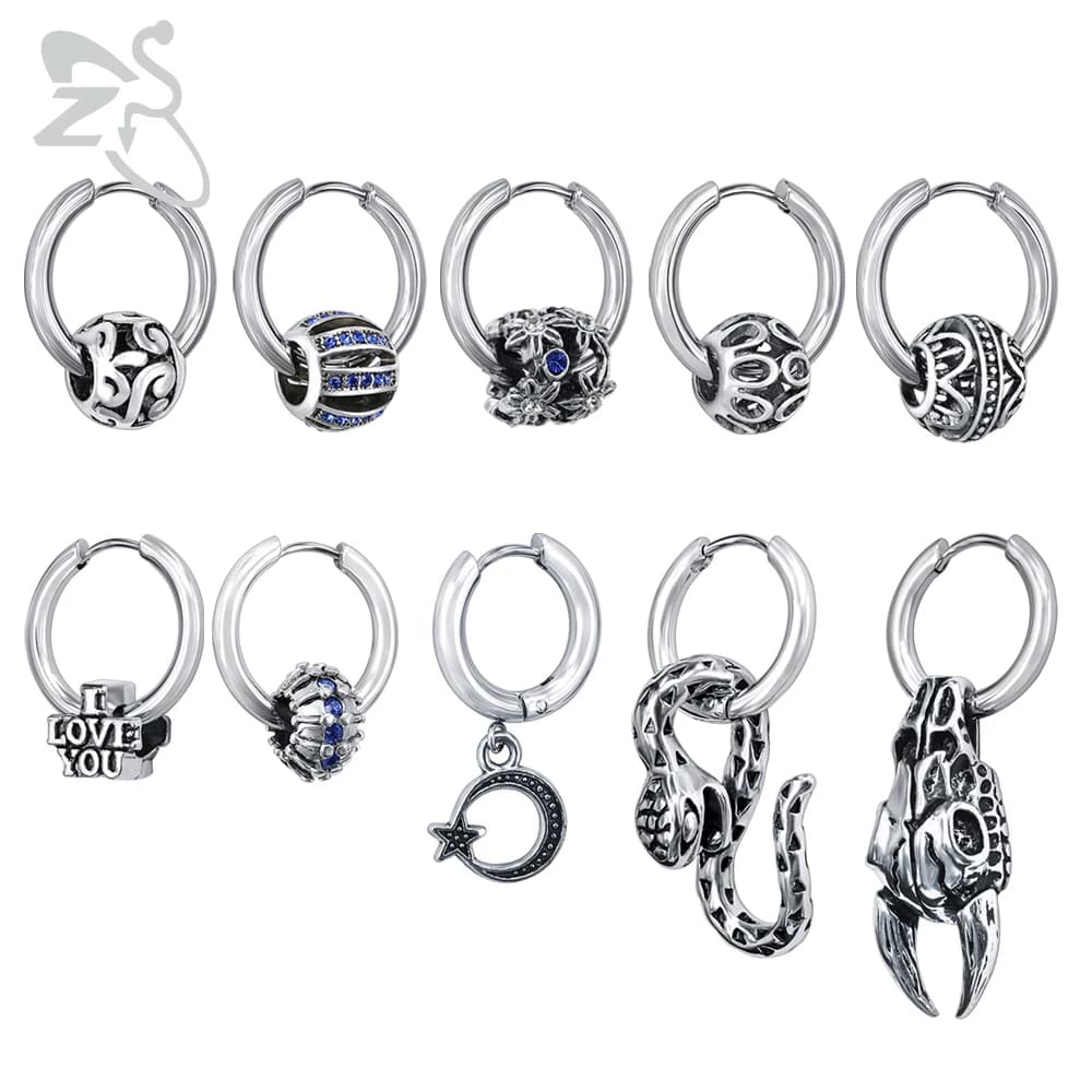 ZS Punk Style 316L Stainless Steel Hoop Earrings Snake Moon Hip Hop Round Earring for Men Rock Roll Jewelry Male Biker Earring