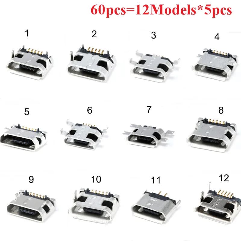60pcs=12 Models Micro USB Connector 5Pin usb Jack Socket Female For MP3/4/5 And Other Mobile Tabletels