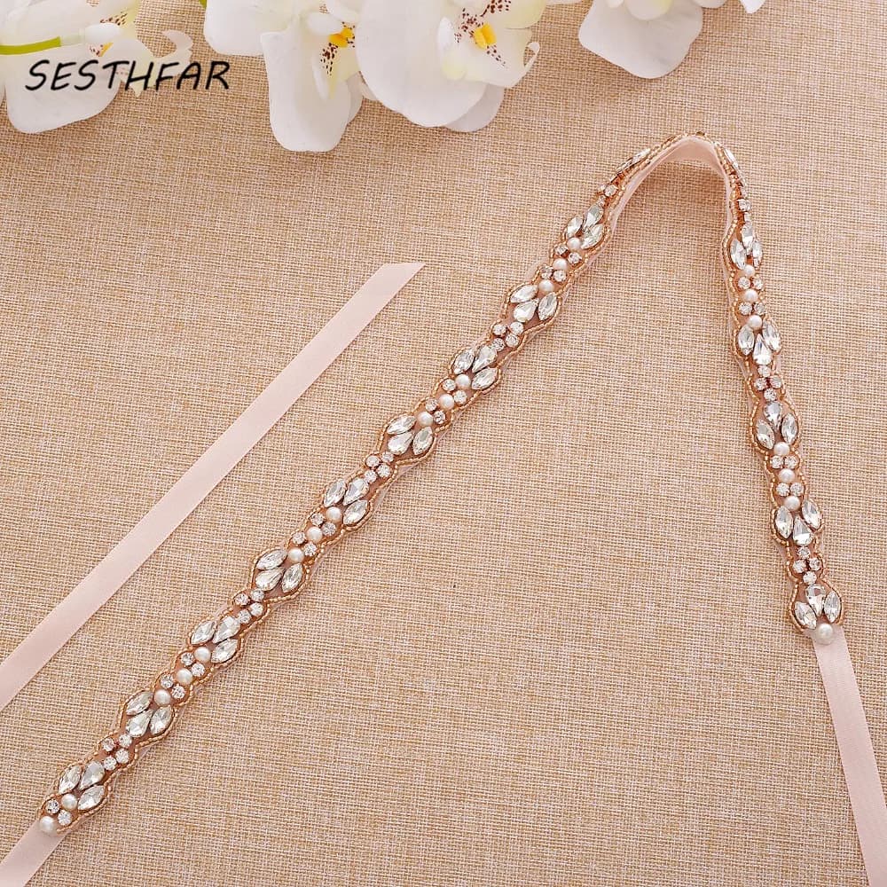 SESTHFAR Pearls Wedding Belt Rhinestones Bridal Belt Rose Gold Crystal Wedding Sash Belt For Bridal Bridesmaid Gown