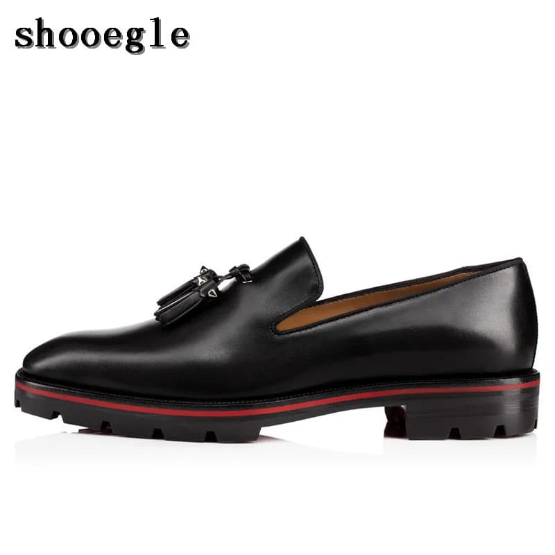 SHOOEGLE Top Quality Handmade Men Shoes Chaussure Homme Luxury Mens Tassel Loafers Black Leather Men Derby Dress Shoes