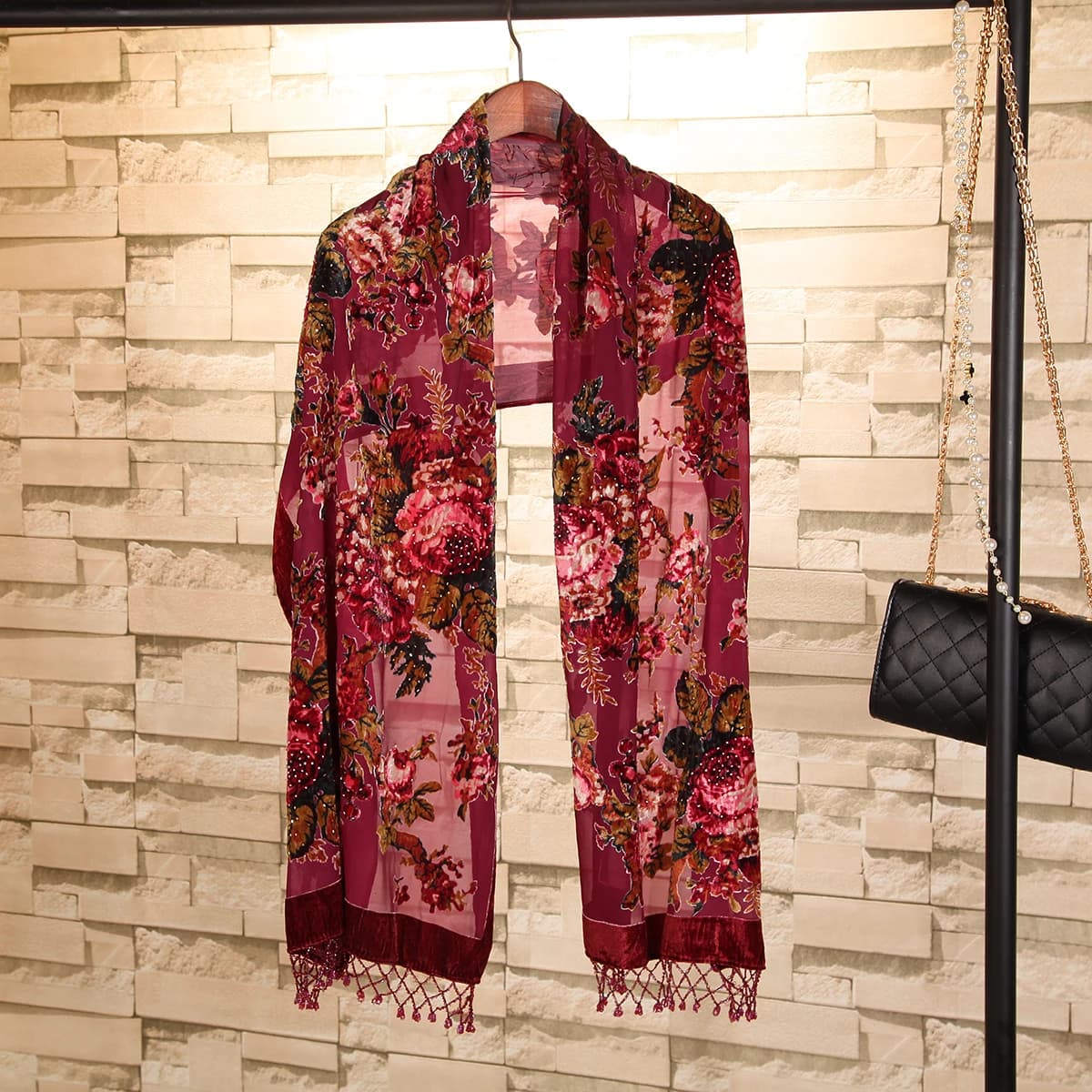 Women Champagne Shawls High Quality Scarf Velvet Silk Pashmina Shawl Handmade Beaded Scarves Embroidery Floral Mantilla Bufanda