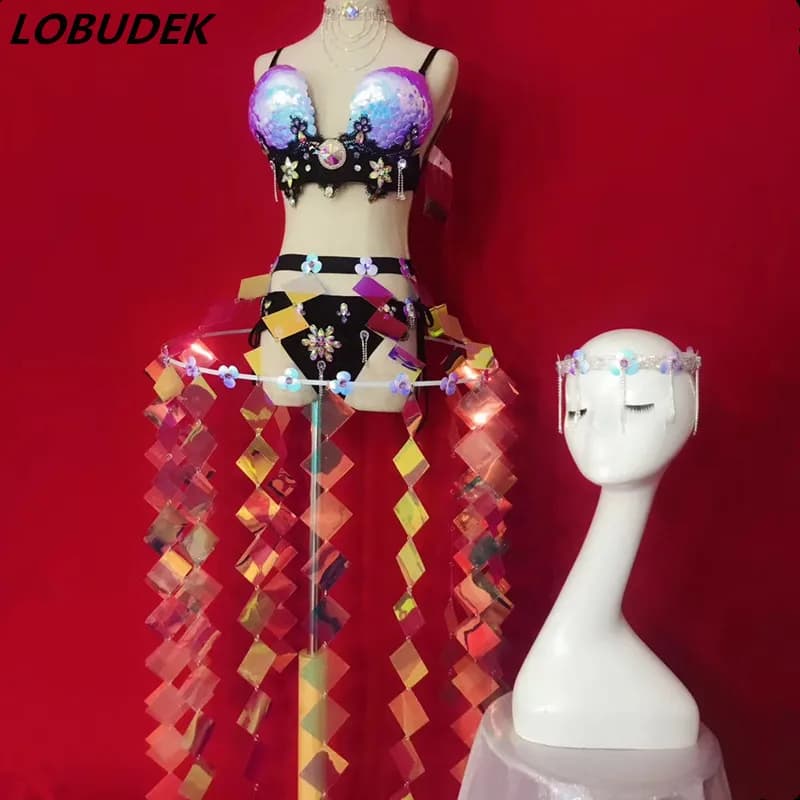 Sexy Women Nightclub Clothes Party Models Stage Catwalk Costume Colorful Crystals Bikini Sequins Skirt Dance Show 2 Piece Outfit