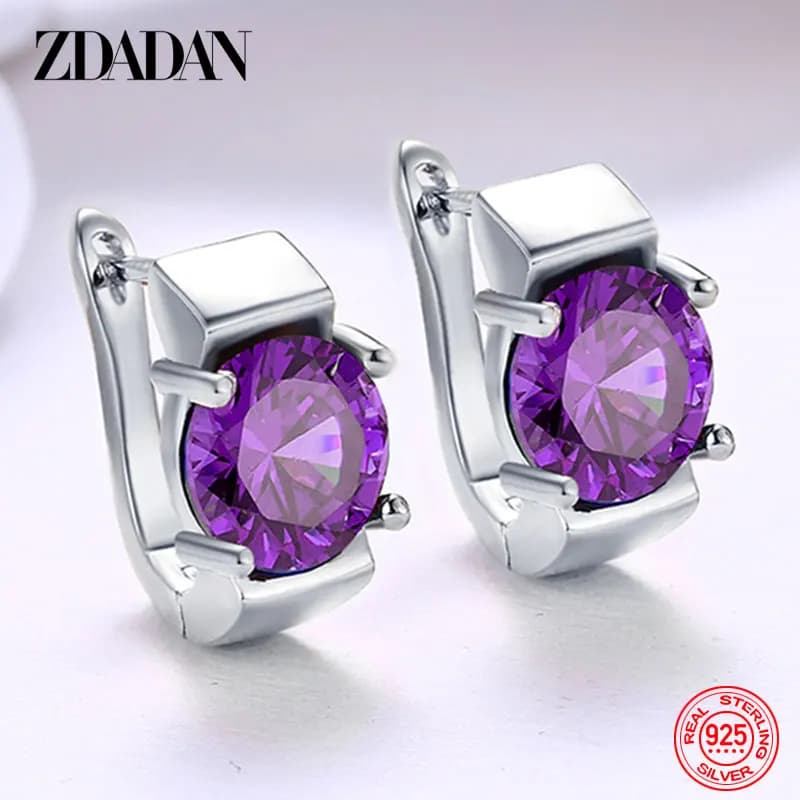 ZDADAN 925 Sterling Silver Amethyst Hoop Earrings For Women Fashion Wedding Jewelry Gift