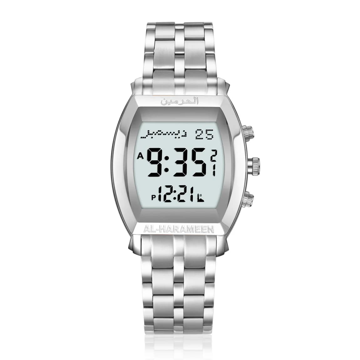 Muslim Prayer Watch with Azan Qibla Hijri Calendar Islamic Man Wristwatch Stainless Steel Tonneau Shape English Arabic Language