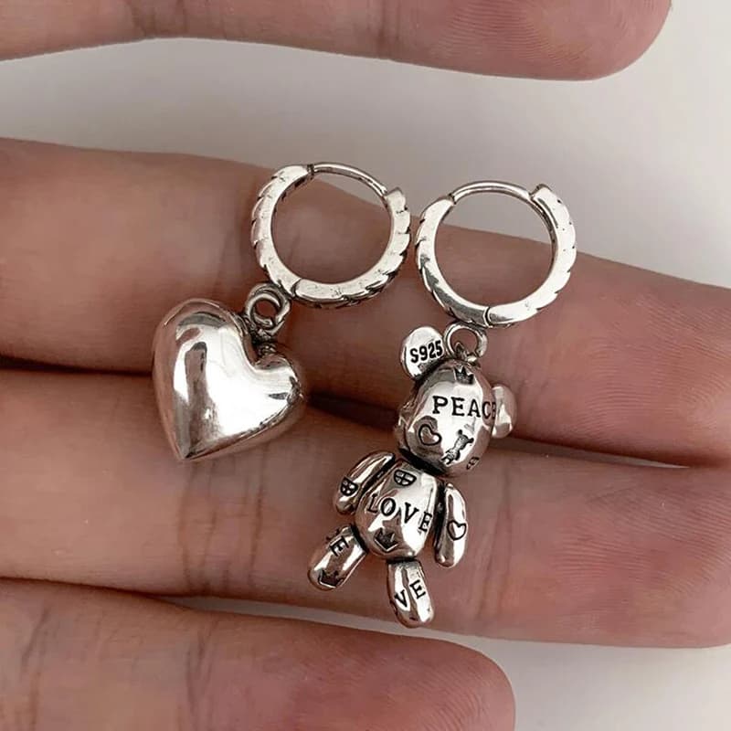 Women Prevent Allergy Silver Color Hoop Earrings Vintage Accessories Little Bear LOVE Heart Asymmetric Party Jewelry