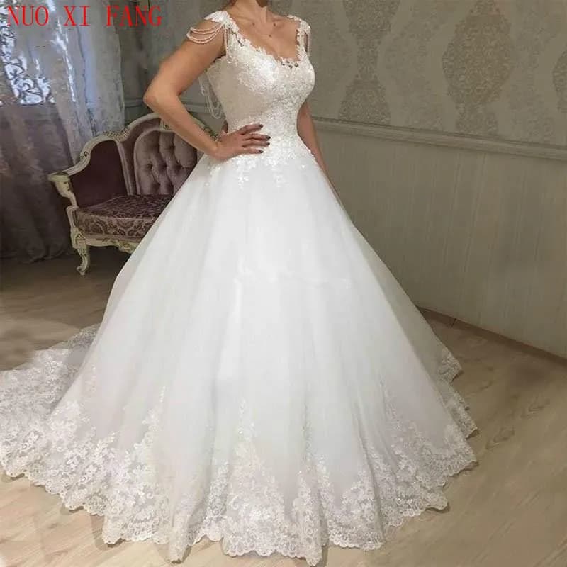 Customized Princess Lace Appliques Wedding Dresses Cap Sleeves Beaded Arabic Sweep Train Bridal Gowns A Line Vestido De Novia