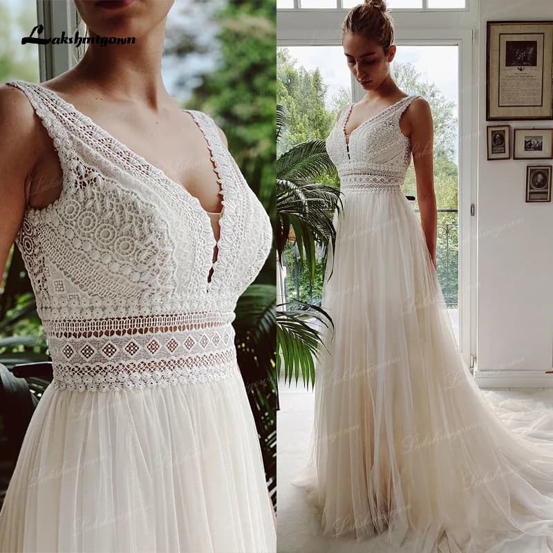 vestido de novia Boho Wedding Dresses Newest V Neck Beach Lace Bridal Wedding Gowns Elegant Bohemian Tulle A Line Bridal Dress