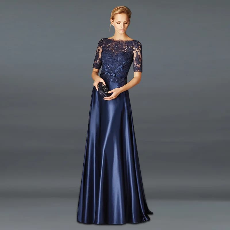 Navy Blue 2025 Mother Of The Bride Dresses A-line Satin Half Sleeves Appliques Lace Long Bride Party Mother Dress Customized