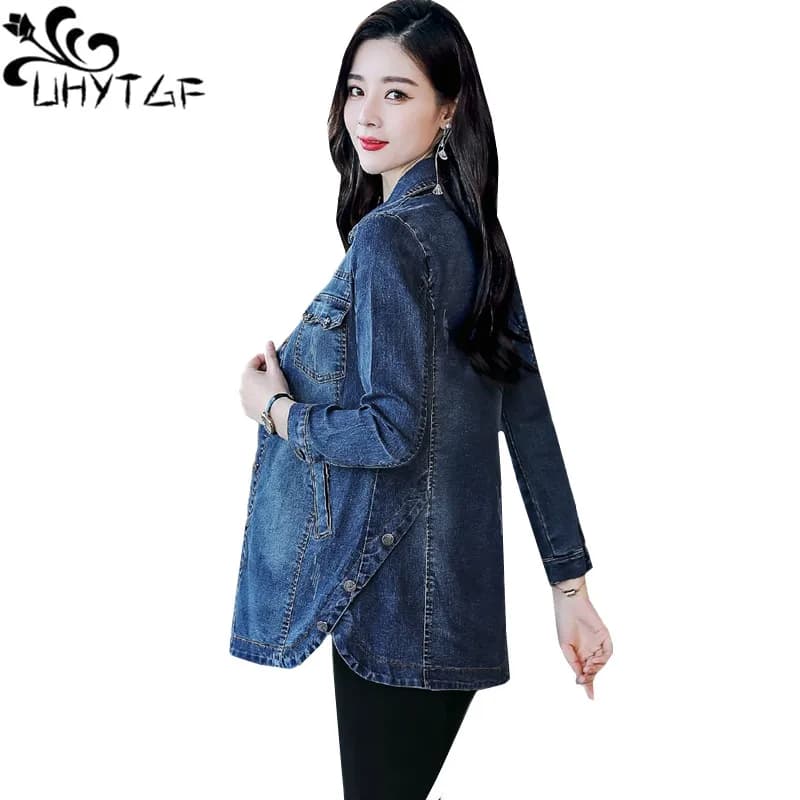 UHYTGF 5XL Loose Size Denim Jacket Women Fashion Pocket Korean Casual Spring Autumn Jeans Coat Wild Elegant Female Outewear 1078