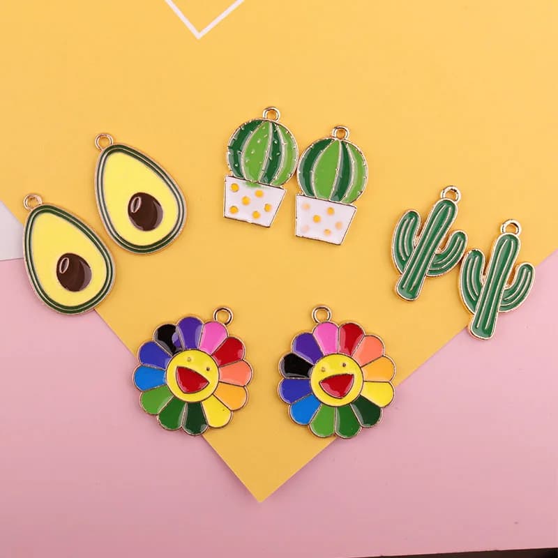 10pcs/lot  Cactus Sun Flower Avocado Enamel Charms Fashion Jewelry Earring Bracelets DIY Making Gold Color