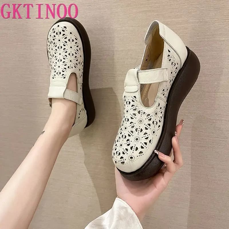 GKTINOO 2025 Spring Summer Hollow Genuine Leather Shoes Sandals Platform Increase Shoes Wedges High Heels Large Size Women Shoes