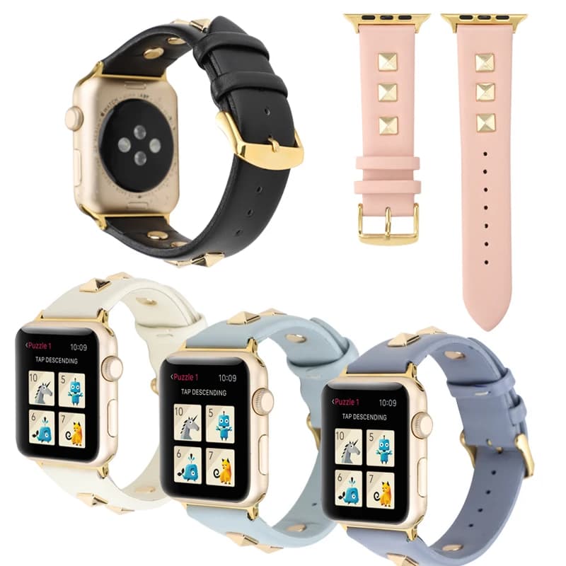Golden Rivet Style Leather sport Strap For Apple Watch Band 7 6 5 4 41mm 45mm 44/40mm Bracelet for iWatch series 7 3 2 1 38/42mm