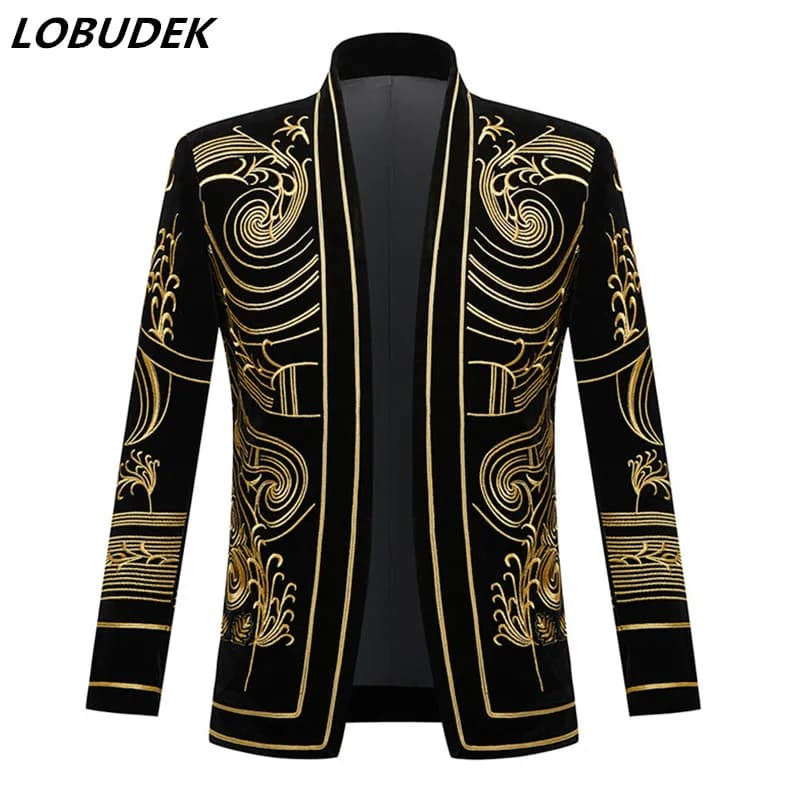 Bar Nightclub Male Singer Court Blazers Gold Black Embroidery Velvet Suit Jacket Vintage Slim Tuxedo Stylish Performance Clothes