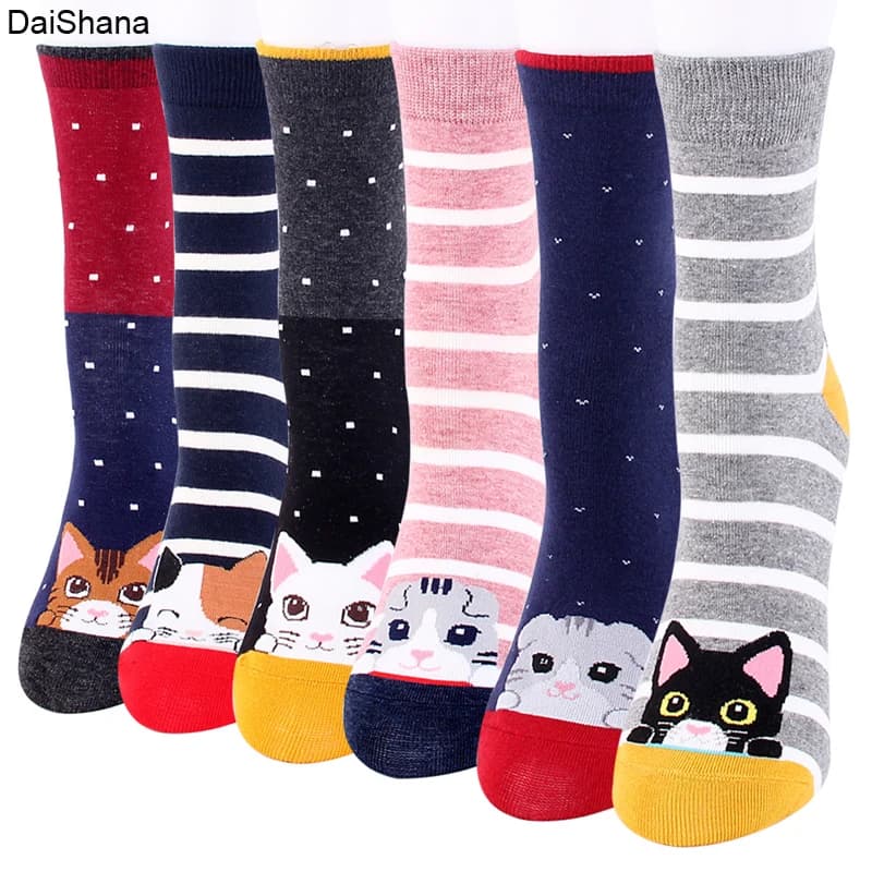 1Pairs Fashion Socks Women Girls Casual Stripe Cat Printing Cotton Women Socks Harajuku Skarpetki Calcetines Mujer Hot Sale