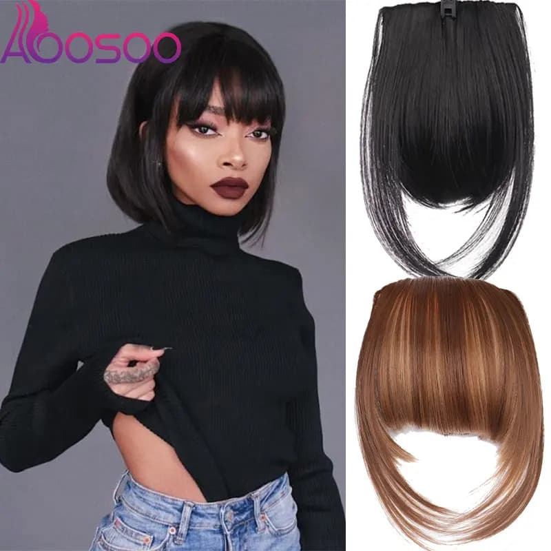 AOOSOO  Short Synthetic Bangs Heat Resistant Hairpieces Hair Women Natural Short Fake Hair Bangs Hair Clips For Extensions Black
