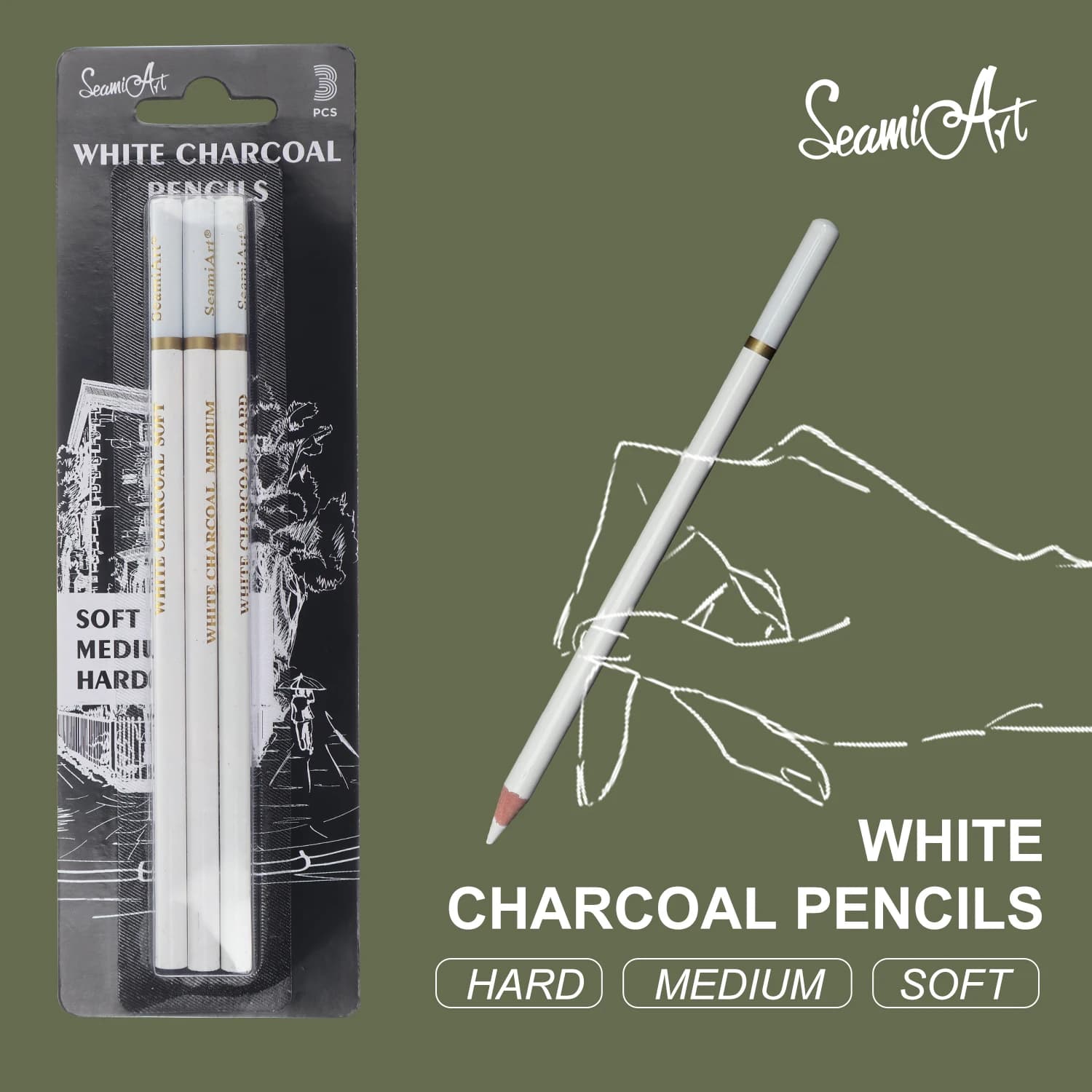 SeamiArt 3Pcs White Soft/Medium/Hard Charcoal Pencil for Sketch Carbon Pen Sketch Art Tools Office School Supplies Pencils