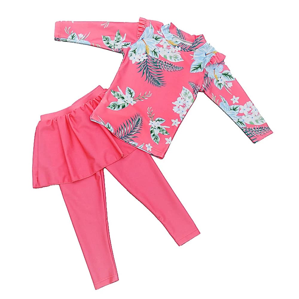 Girl Two Pieces Suit Children Long Sleeve Sunscreen Quick Drying Swimsuit Kid Cute Flower Print Swimwear Baby Bathing Suit