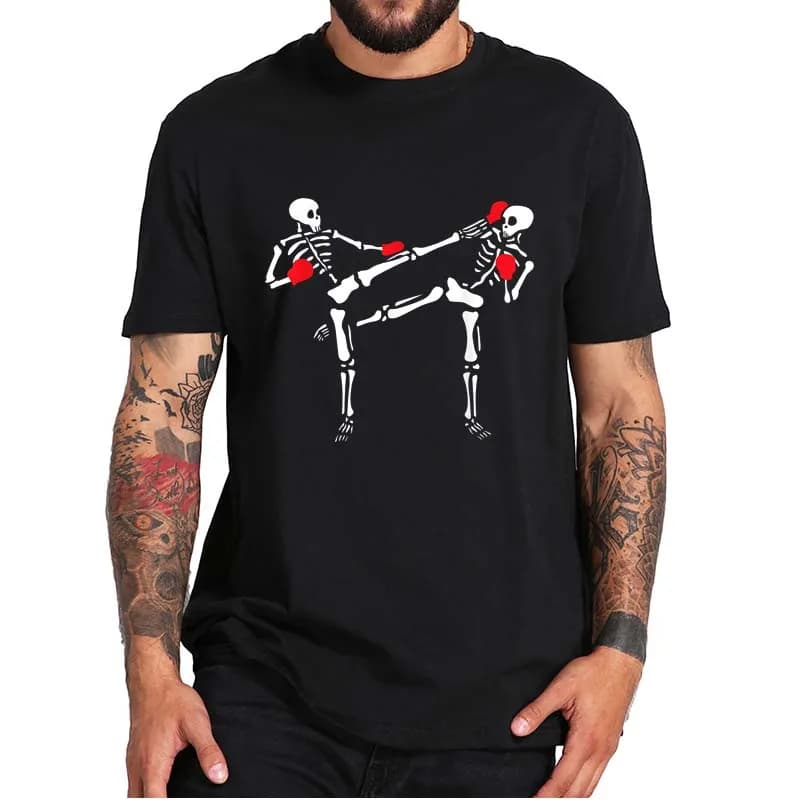 Muay Thai MMA Fighting T-Shirt Martial Art Kickboxing Skeleton Funny Tee Tops Halloween Essential Men's Casual Camiseta