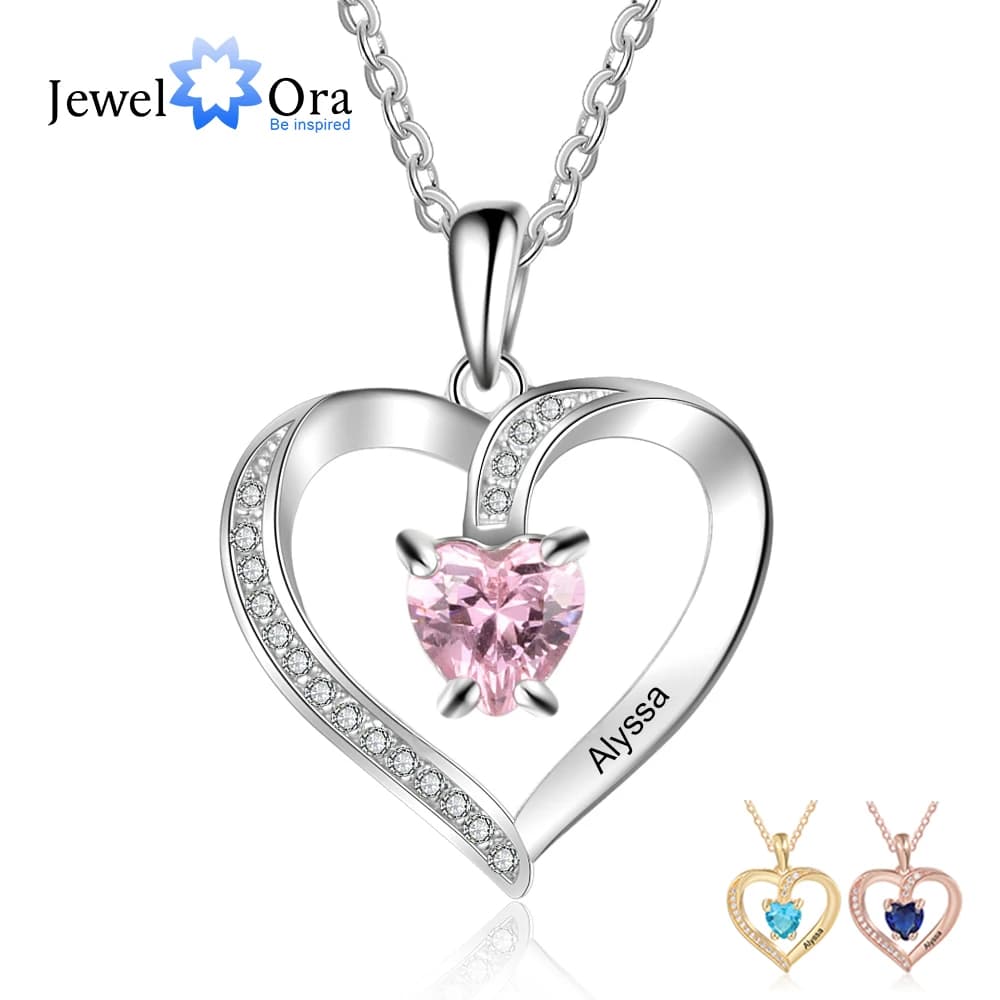 Personalized Engrave Name Heart Pendants with Zirconia Customize Birthstone Necklaces for Women Mother's Day Gift (NE103356)