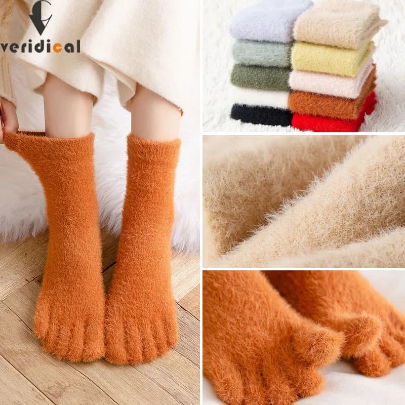 Women Girls Thick Five Finger Socks Winter Warm Colorful Coral Fleece Fluffy Toe Socks Soft Cozy Hosiery Female Floor Slippers