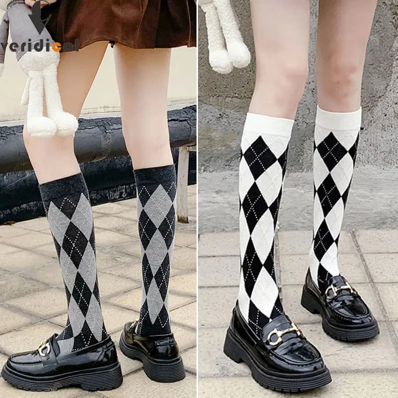 Long Socks Women Stockings Organic Cotton Diamond Warm Thigh High Ladies Girls Street Fashion Young Casual Knee Socks Harajuku