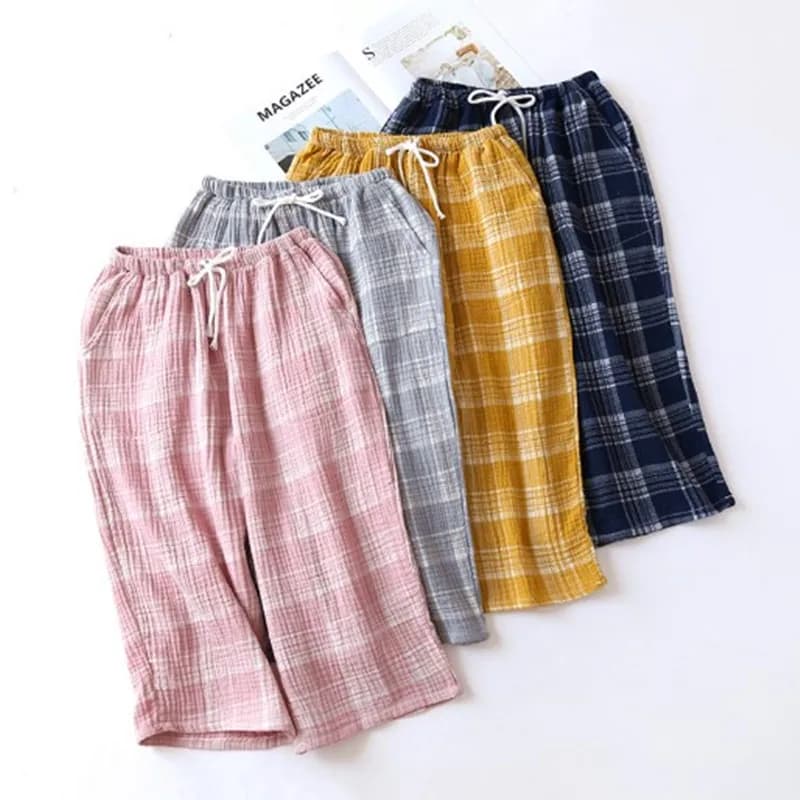 Loose sleepwear pant summer cropped trousers fashion plaid lounge wear pajama pants large size cotton gauze ladies home pant