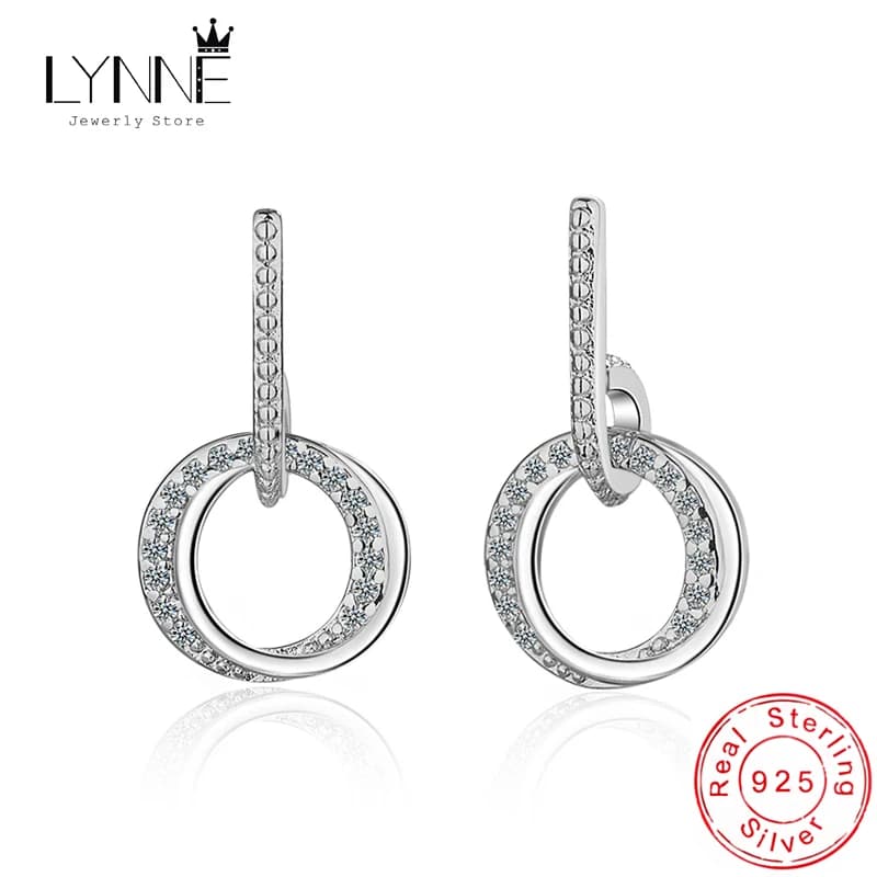 Fashion Double Round Patterns Rhinestone Drop Earrings 925 Sterling Silver Shaking Zircon Circle Pendant Ear Stud Women Jewelry