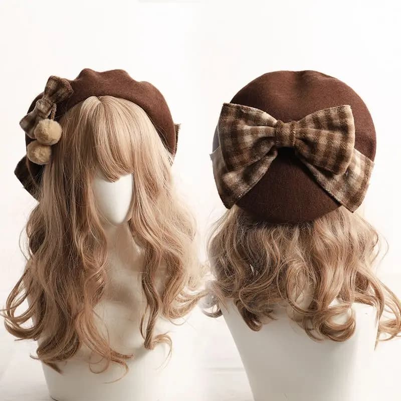 Plaid beret British fashion Japanese woolen bow hat female autumn and winter joker
