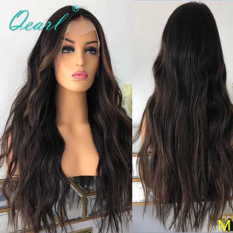 Natural Wave Human Hair Full Lace Wig Black Brown Lowlights 13x6 HD Lace Frontal Wig Remy Hair Glueless Pre Plucked 150% Qearl