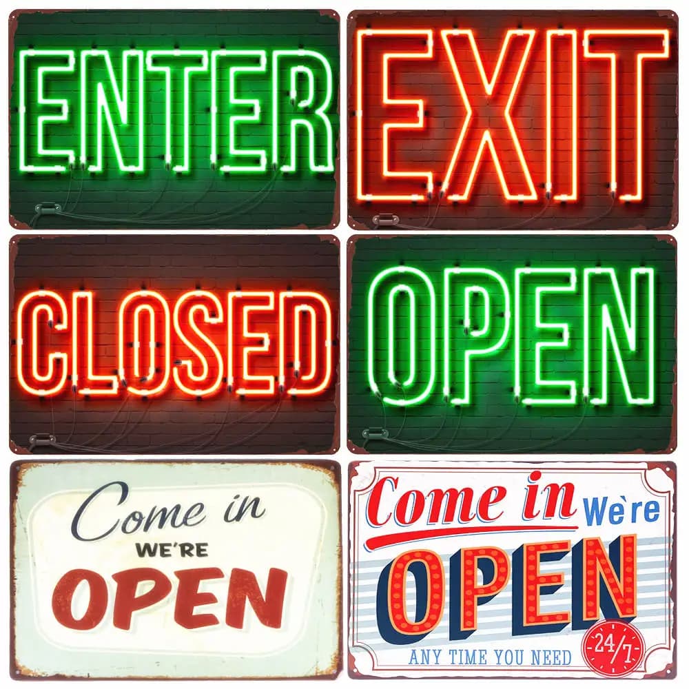 "COME IN WE'RE OPEN " And " SORRY WE'RE CLOSED " Vintage Metal Sign Tin Poster Pub Bar Cafe Shop Entry and Exit Plaque A409
