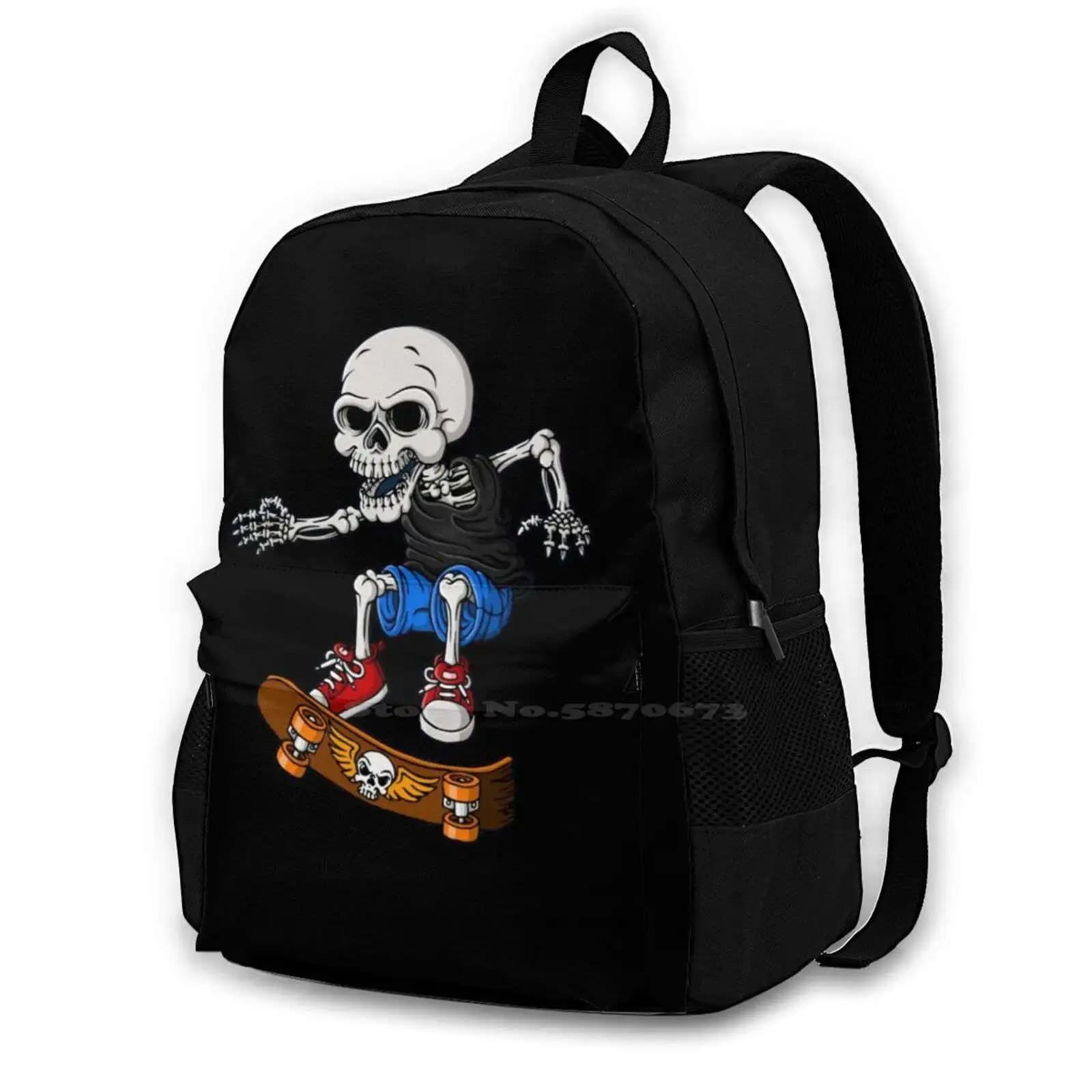 Skull Playing Skateboard Pattern Design Bag Student'S Backpack Skull Svg Harlock Skull Skeleton Death Scary Spooky Witch Ghost