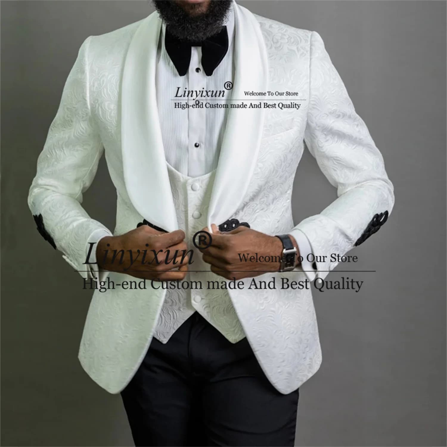 White Floral Jacquard Mens Suits Black Peaked Lapel 2 Pieces Sets Customized Groom Wedding Tuxedos Fashion Male Wedding Suit