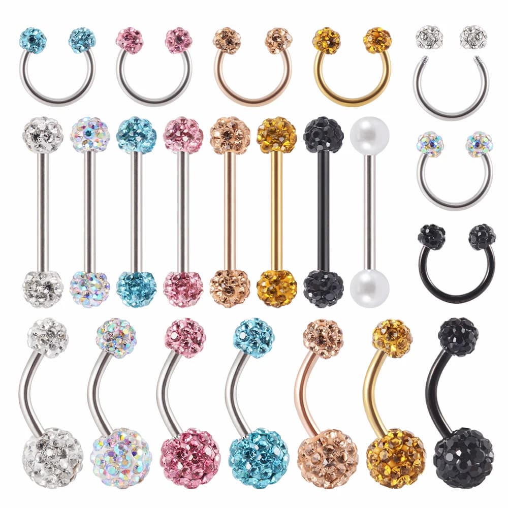 1PC 316l Surgical Steel Double Epoxy Crystal Balls Belly Button Ring Full Zircon Tongue Barbell Circular  Earrings Piercing