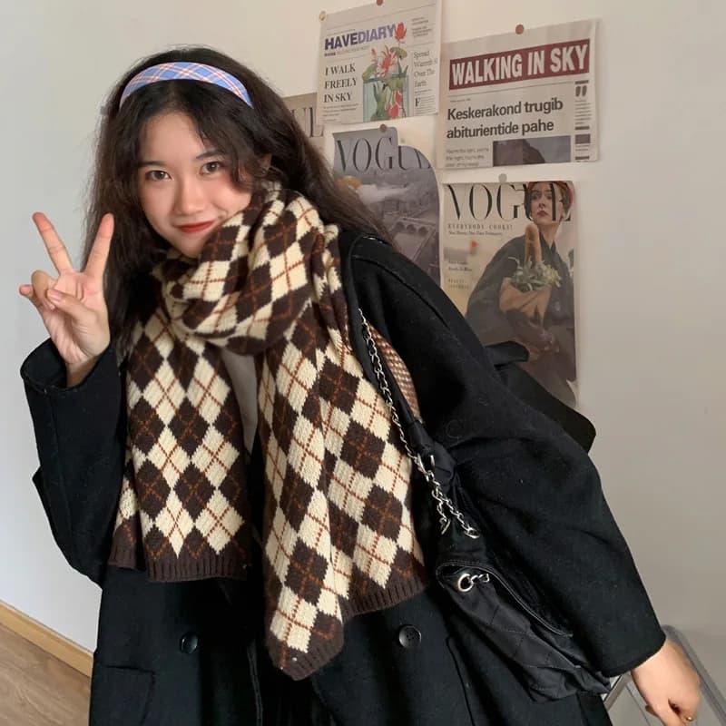 Wool Knitted Scarf Retro Plaid Scarf Women's Winter Scarf Vintage Rhombic Scarf Thick Foulard Shawl for Female