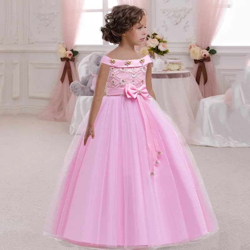 Girl Pink White One Shoulder Long Bridesmaid Dress Kids Bow Gown Clothes For Children Princess Party Wedding 12 13 14 Vestidos