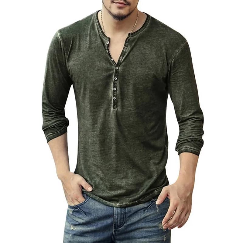 Men Tee Shirt V-neck Long Sleeve Tee&Tops Stylish Buttons T-shirt 2025 Autumn Casual Henley shirt Solid Male Clothing 5XL