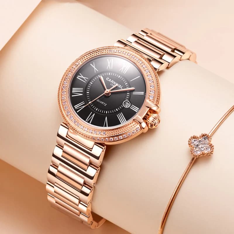 Reloj Mujer CARNIVAL Rose Gold Womens Watches Top Brand Luxury Waterproof Watch Fashion Ladies Steel Casual Quartz Clock